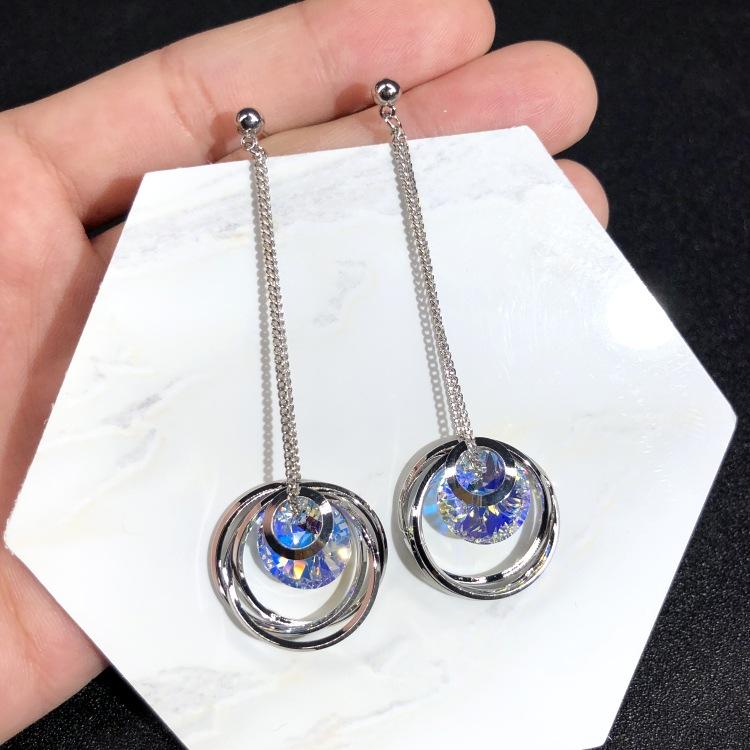 Austrian super flash crystal earrings, stud earrings, niche high-end temperament earrings, long simple earrings, 925 silver needles.