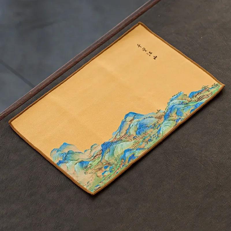 Chinese Painted Flower Pattern Thickened Tea Towel Plush Imitation Deerskin Absorbent Water Rag Tea Napkins Cloth Tea Ceremony
