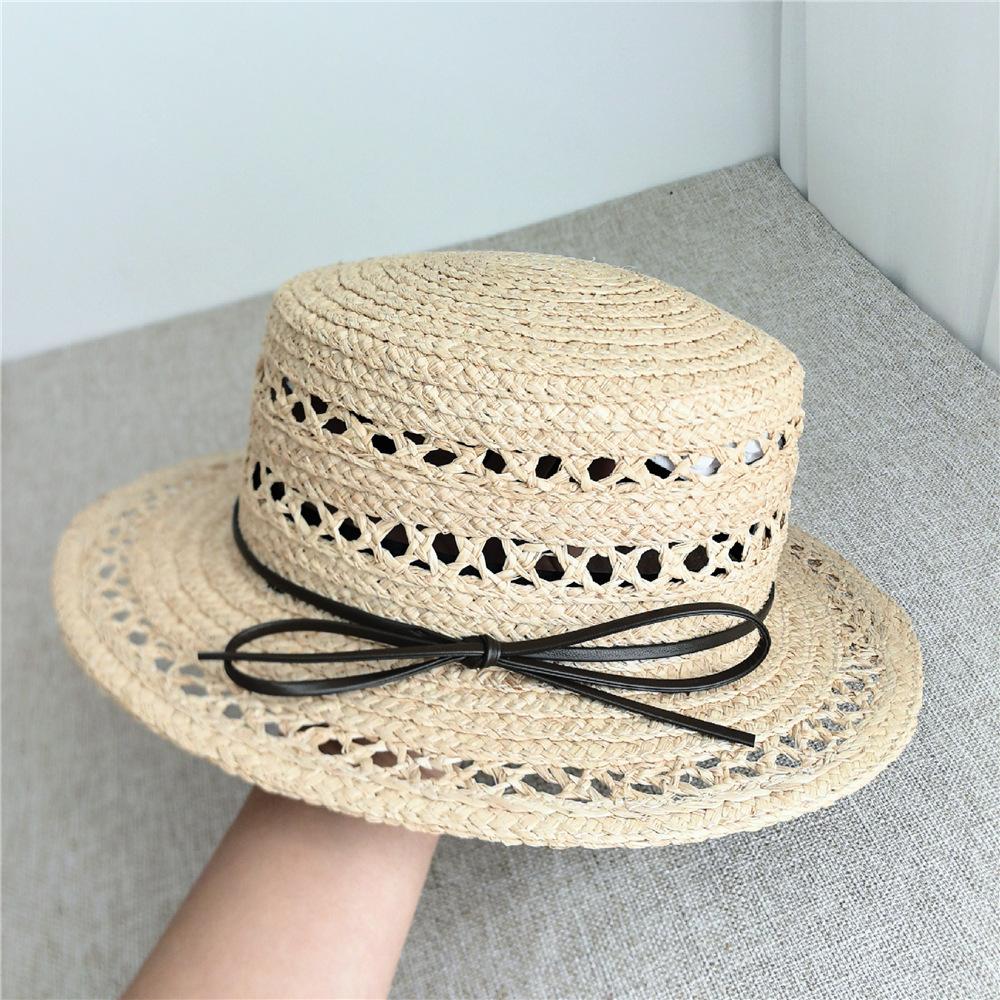 Women Raffia hat French style Summer Straw Sun Hat Women Wide Brim Beach Cap Breathable Hollow Holiday Panama hat Leather Bow