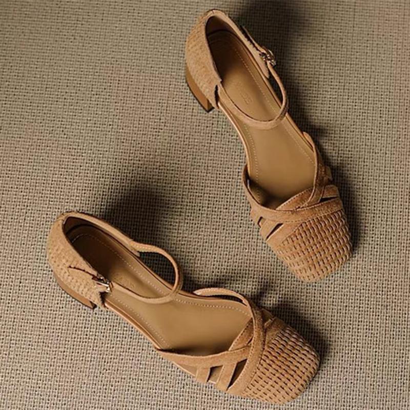 Fashion Retro Weave High Heel Sandals Women 2025 Summer Square Toe Ankle Strap Beach Shoes Roman Closed Toe Square Heels Casual Shoes