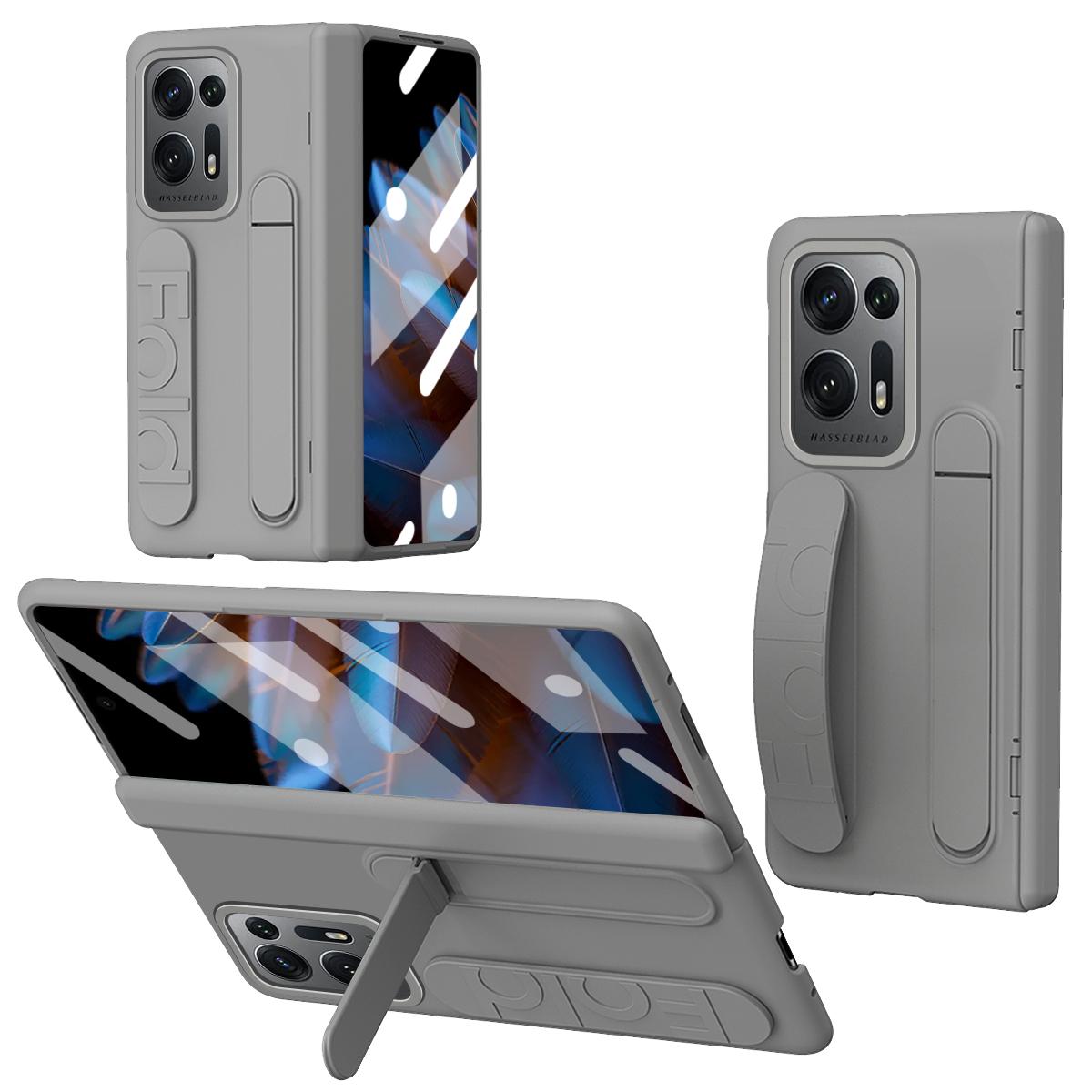 

For Oppo Find N2 5G Case Kickstand Wristband PC Phone Cover with Tempered Glass Film Grey