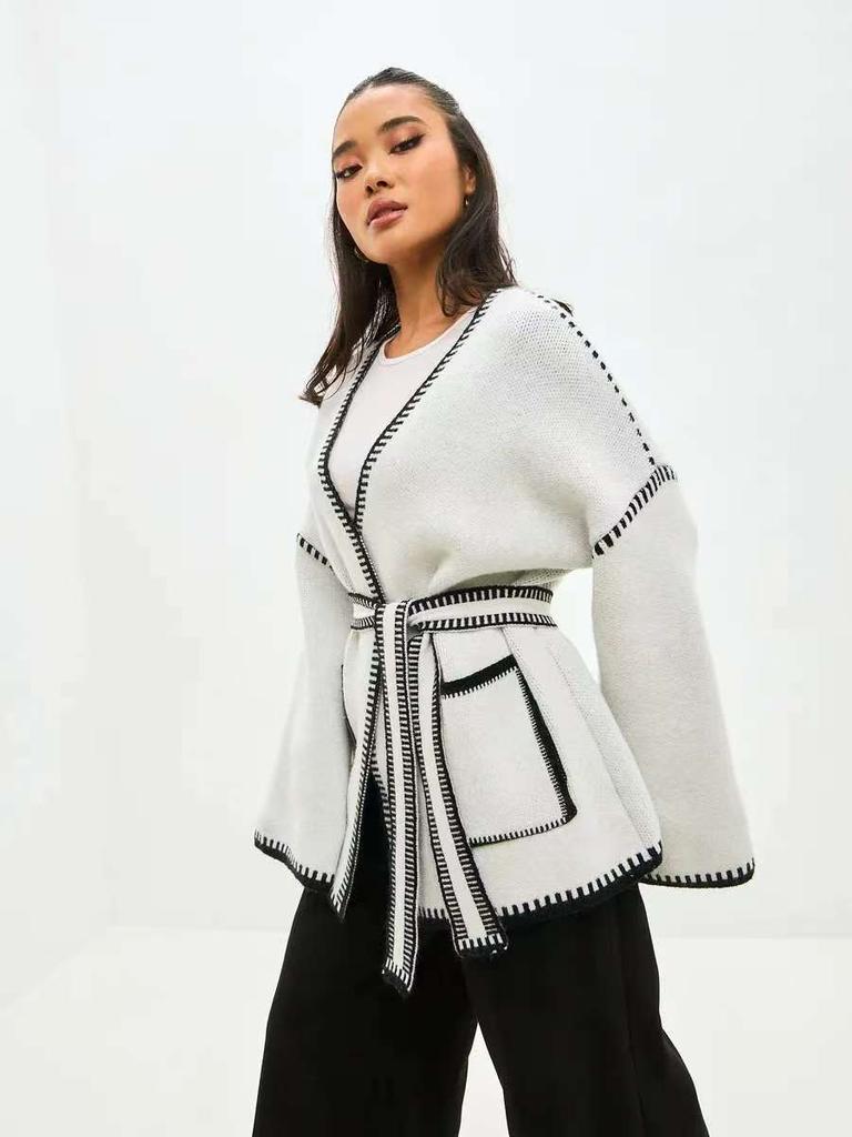 Knitted Open-Front Cardigan Sweater Spring New Style Loose Color Block Long Sleeve Wool Coat