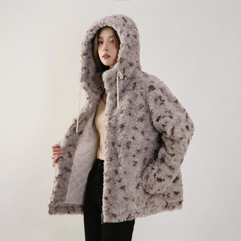 Cozy Faux Rabbit Fur Hooded Jacket Vintage Spots Fluffy Winter Coat Warm Thickened Premium Outerwear