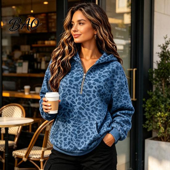 Relaxed Fit Pullover Top Women Leopard Print Hoodie, Oversized Half Zip Hooded Sweatshirt with Spring Autumn Kangaroo Pocket, Fall Long Sleeve Casual
