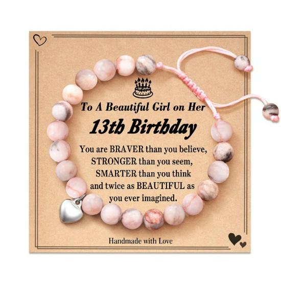 Pink Zebra Shoushan Stone Beaded Bracelet with Card Packaging