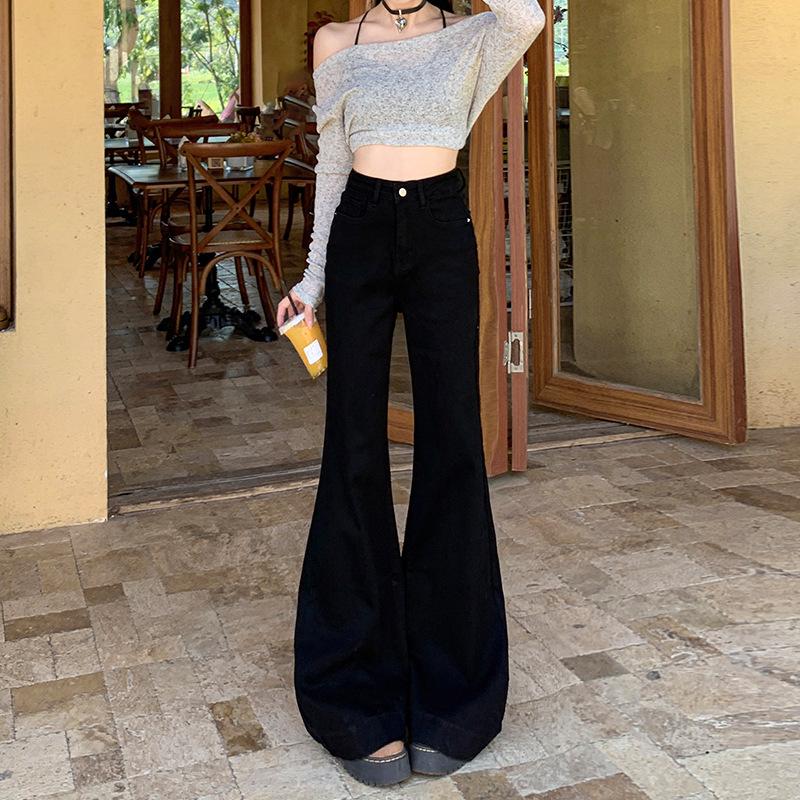 Women's High Waist Black Flared Jeans with Velvet, Wide-Leg, Floor-Length, Perfect for Spring and Autumn