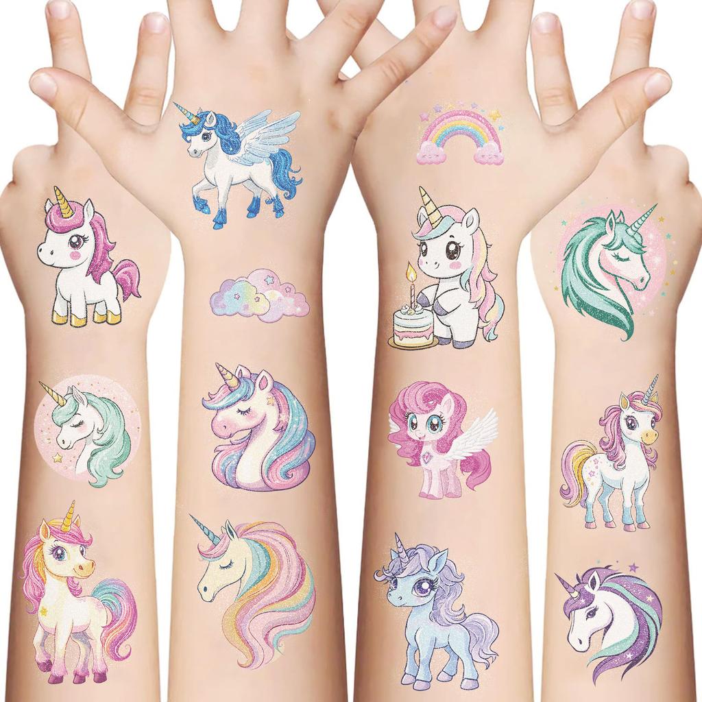 New Cartoon Unicorn Series Flash Powder Tattoo Stickers Waterproof Children's Party Gifts Funny and Interesting