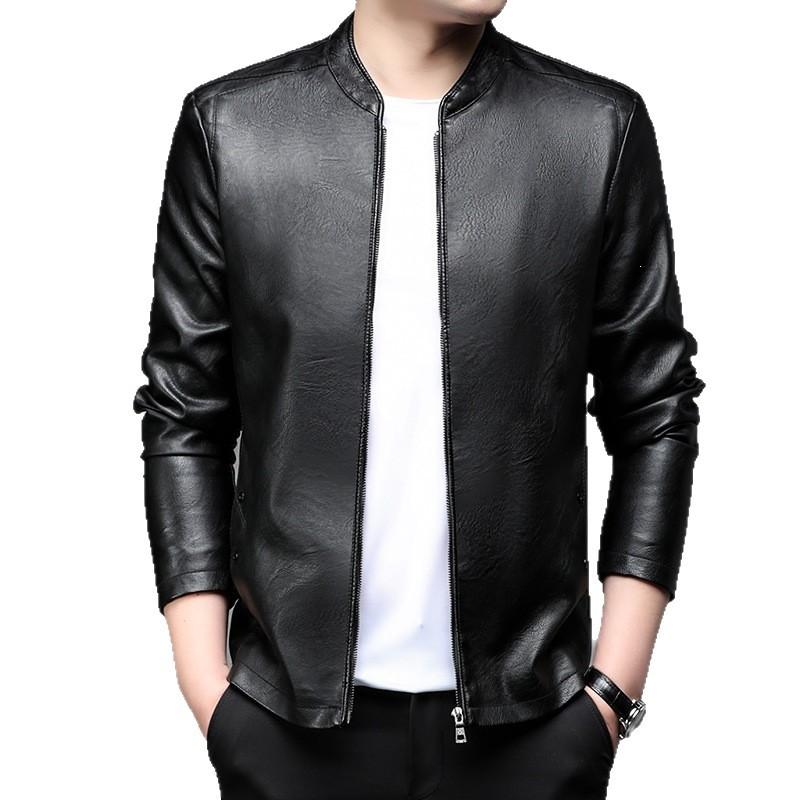 Men's locomotive PU leather jacket men's leather jacket spring new thin coat solid color stand-up collar slim leather jacket men
