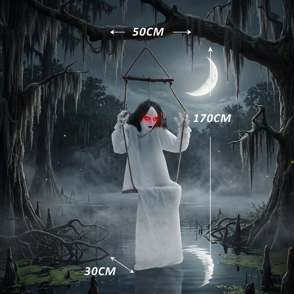 170cm Animated Hanging Swing Ghost Halloween Decoration, Sound Touch Activated Ghost Halloween Animatronic