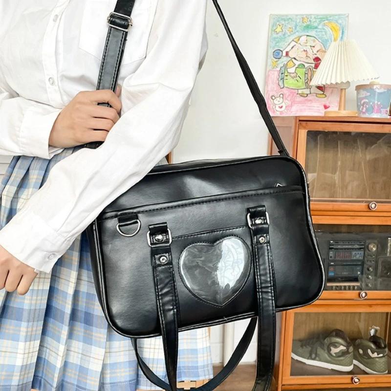 Women Jk School Handbag Large Capacity PU Anime Crossbody Bag Transparent Love Heart Shoulder Uniform Bag for Shopping Commuting
