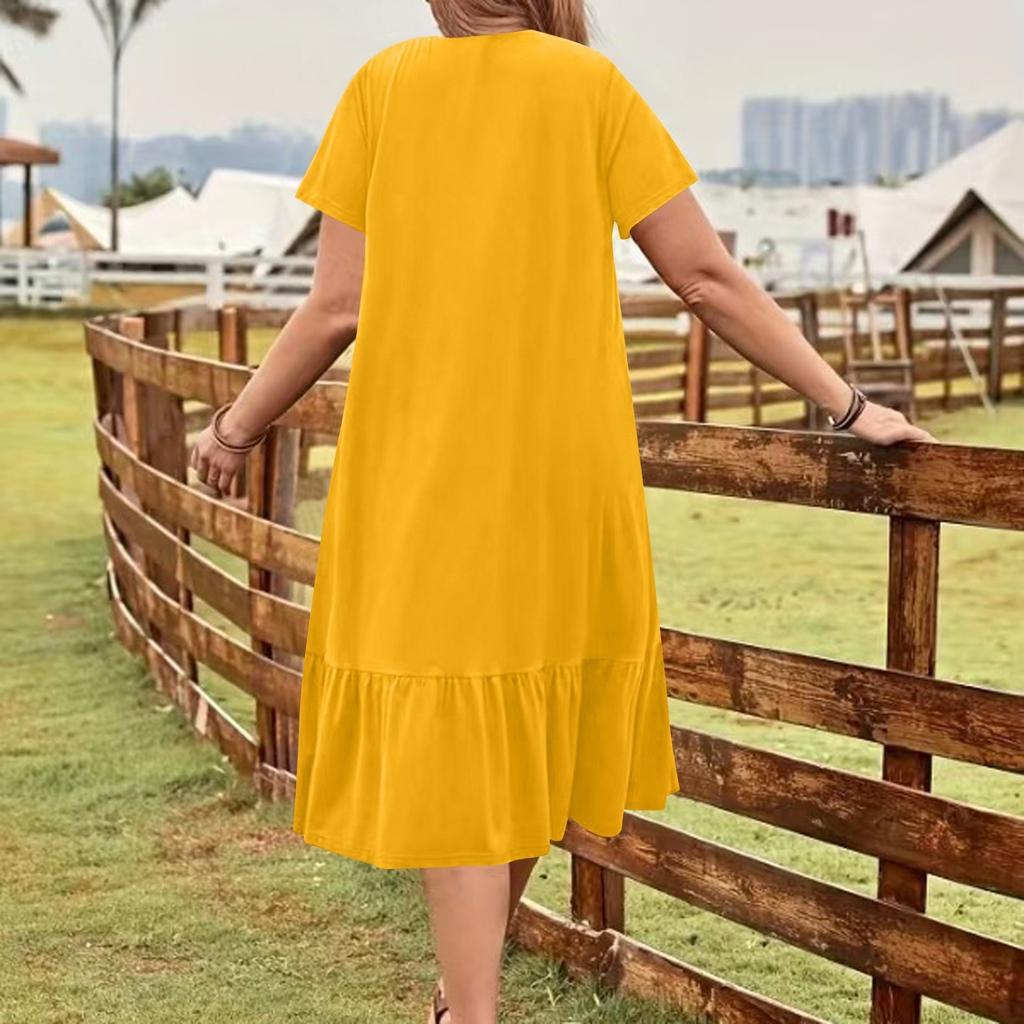 Women's Fashionable Print Round Neck Loose Short Sleeved Pocket Pullover Dress