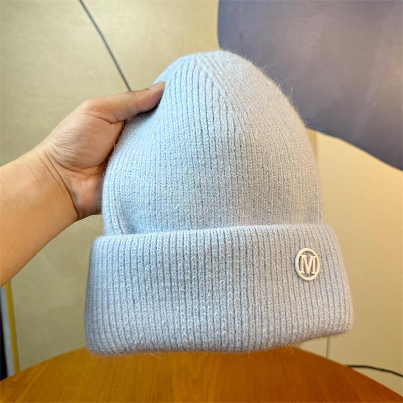 New Letter M Logo Rabbit Fur Beanie Women's Autumn and Winter Korean Version Versatile Thickened Warm Hat Ear Protection Rabbit Fur Knitted Hat