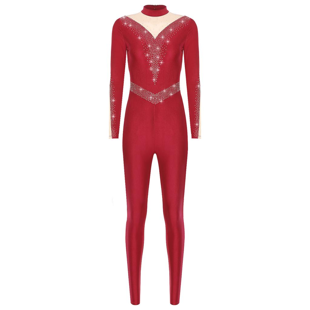 Womens Sparkle Rhinestone Dance Gymnastics Leotard Mock Neck Long Sleeve Long Pants Jumpsuit