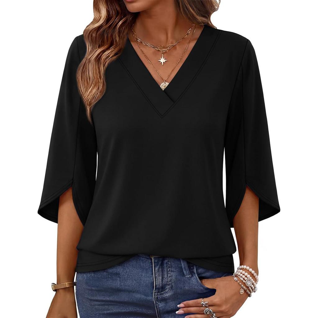 Women V Neck Loose Fit Pullover Top Three Quarter Sleeve Fashion Casual Blouse Lightweight Comfortable Fabric