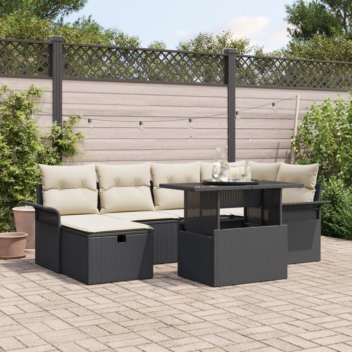 Ensemble de Canapés de Jardin 7 Pièces avec Coussins Rotin Poly Noir, Canapé de Jardin 2 Places avec Rangement et Coussins 3361006