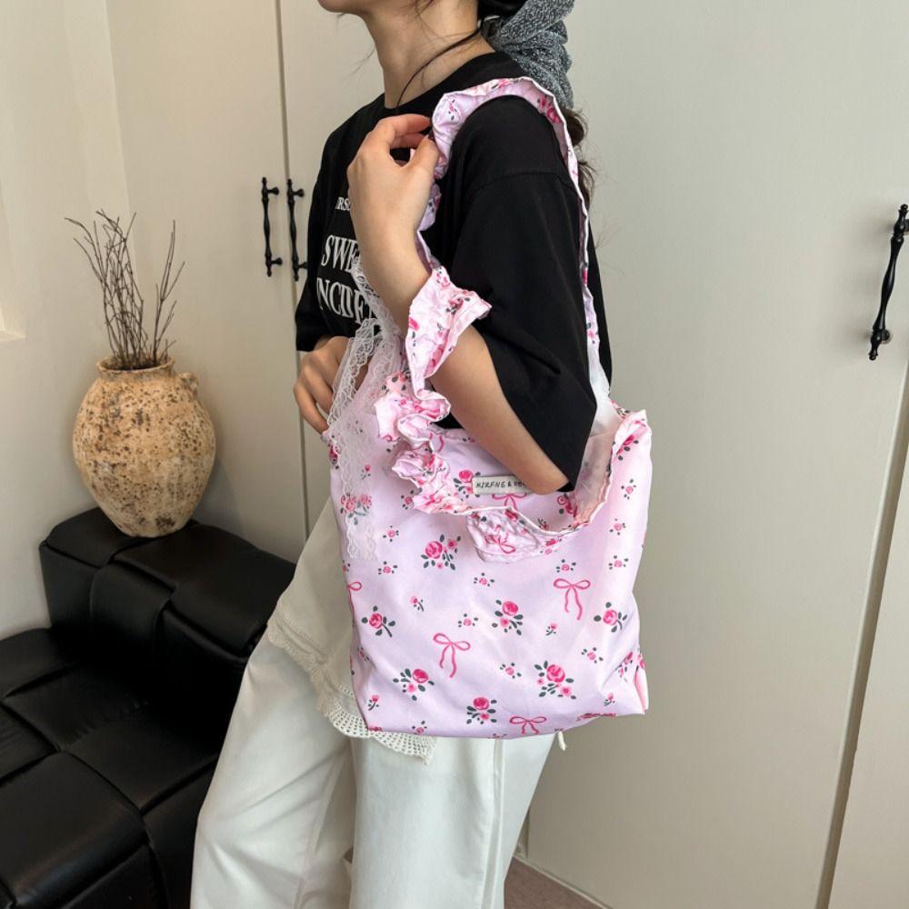 Bowknot Bow Tote Bag Sweet Underarm Bag Elegant Floral Pleated Shoulder Bag  Travel