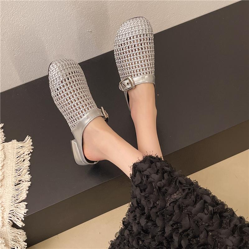 Fashion Women's Half-cup Slippers 2025 New Women Woven Hollow Roman Slippers Summer  Mules Female Shoes