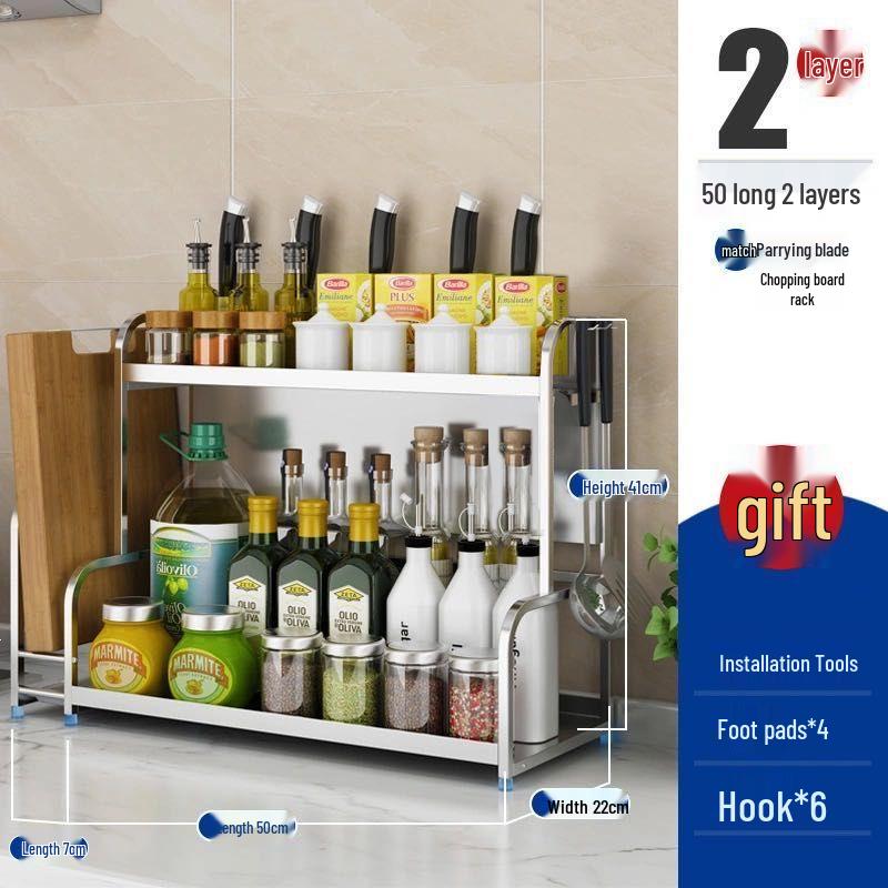 Stainless Steel Multi-layer Kitchen Rack: Spice, Knife Holder & Storage