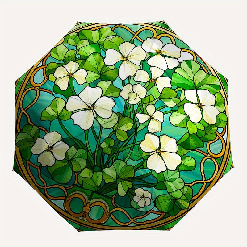 Stained Glass Window Panel with White Flowers and Green Leaves Decorative Artwork for Home or Garden Decoration (Circular) Umbrella, Hallo