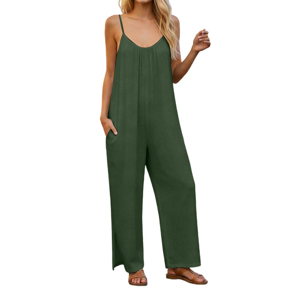 Women's  V-neck Waist Cinched Fashionable Jumpsuit Wide Leg Pants