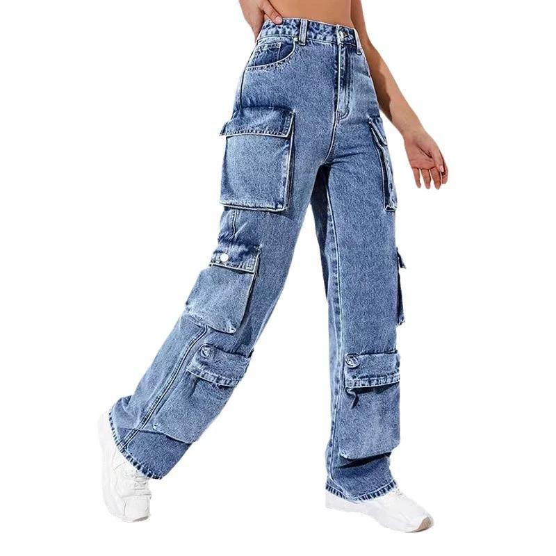 Women Denim Trousers Fashionable Solid Color Versatile Multi-pocket Casual Pants Ladies Large Size High Waist Denim