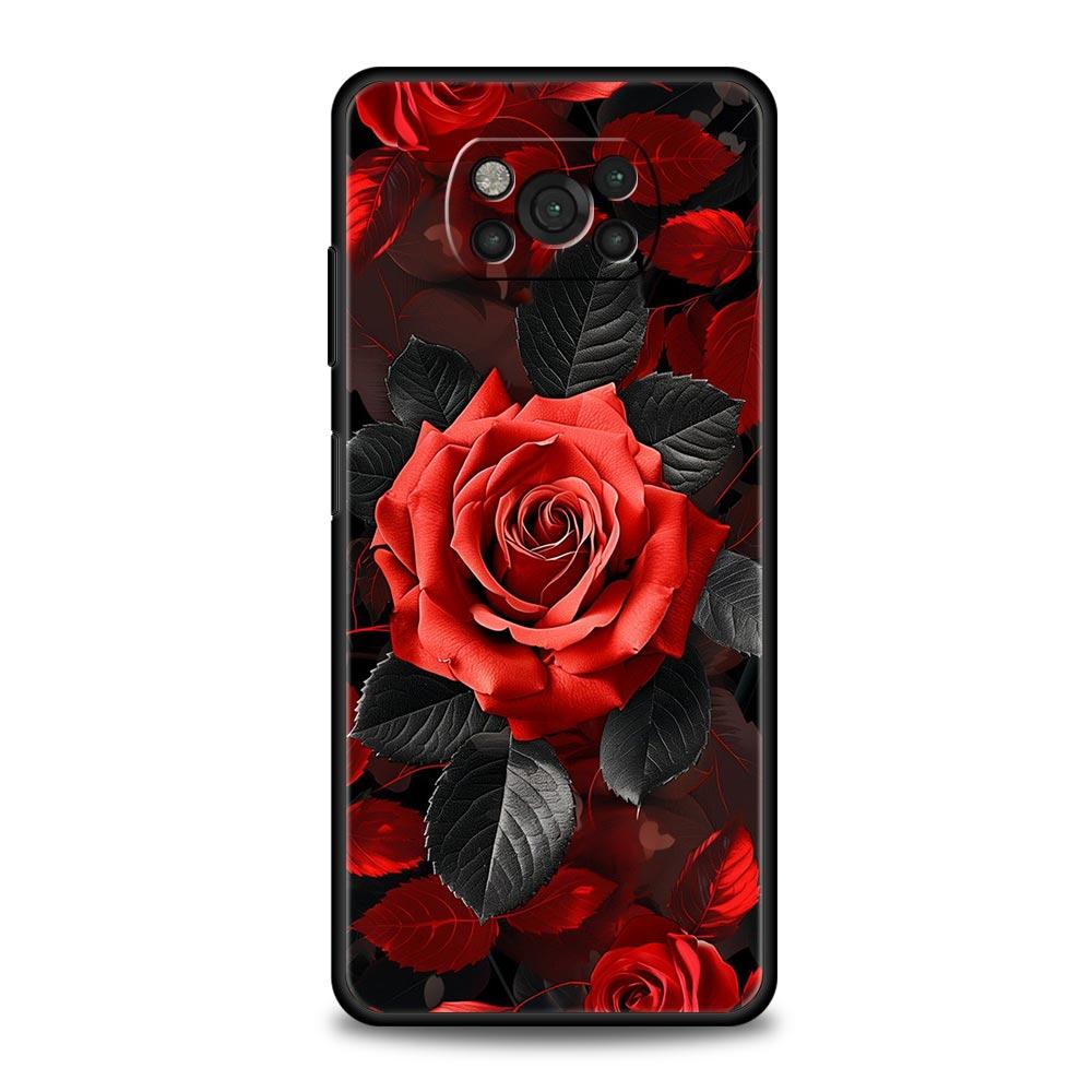 Phone Case For Xiaomi Poco X6 X5 X4 Pro 5G X3 NFC F5 F4 M5 M4 M3 F3 GT C51 C50 C55 Soft Black Cover Beautiful Red Rose Flowers