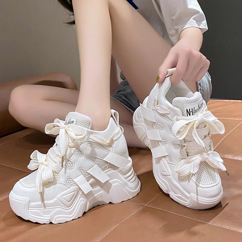Fashion Women Autumn Leather Sneakers 10CM Heels White Mesh Casual Shoes New Fashion Woman Trainers Lace-Up Breathable Platform Sneakers