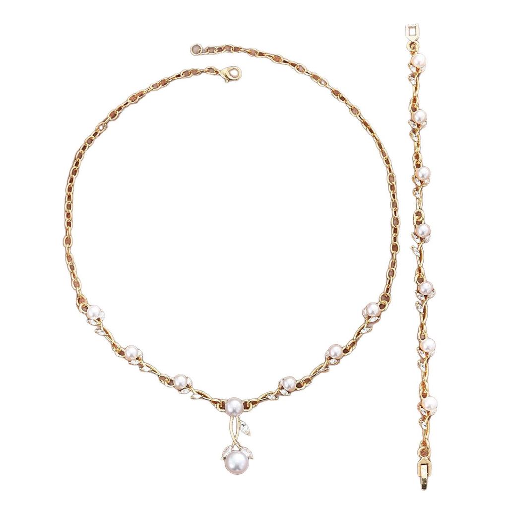 Elegant Pearl Rhinestone Flower Jewelry Set: Necklace, Earrings & Bracelet for Weddings & Banquets