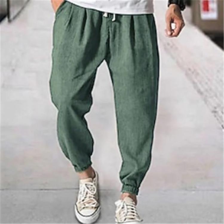 

Men s Jogging Cotton-Linen Blend Drawstring Waistband Trousers with Front Pockets Solid Colour Comfortable Casual Loose-Fit Cuffed Trousers 5XL зелений