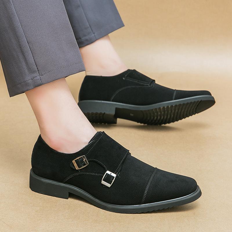 Men's Fashion Black Business Leather Shoes Scrub Double Buckle Dress Professional Leather Shoes Munk Shoes