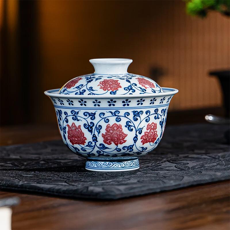 Jingdezhen Hand-Painted Antique Blue and White Underglaze Red Gaiwan