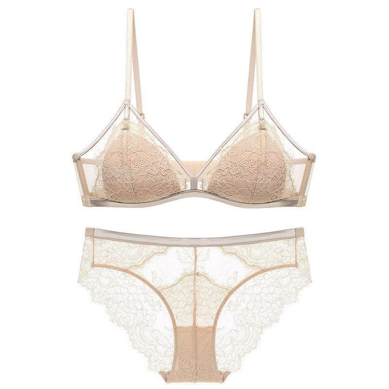 Ultradünnes Push-Up-BH-Set aus französischer Spitze: Kabellos, Mit festen Cups, Sexy Design für einen schlanken Look