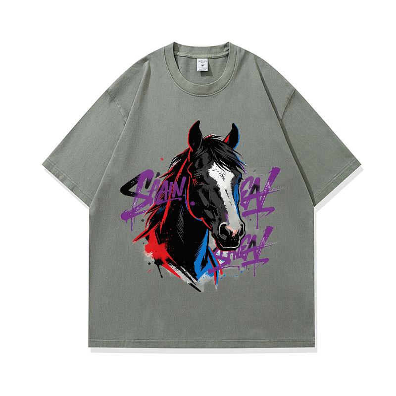 Digital Printing American Retro Horse Pattern Loose Short-Sleeved T-Shirt Digital Direct Injection Printing Custom