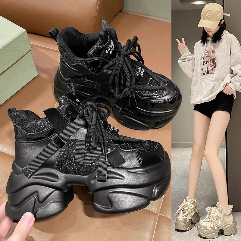 Fashion 8CM Autumn Winter Chunky Sneakers Women Lace Up Platform Sports Shoes Thick Bottom Warm Snow Shoes Female Heels Bling Sneakers