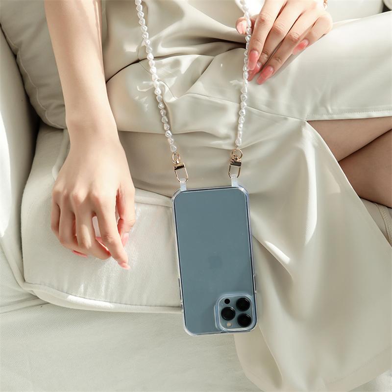 

Crossbody With Lanyard Jewelry Pearl Chain Clear Holder Phone Case For iPhone 16 15 14 12 11 13 Pro Max XS 8 Plus Cover For iPhone 12 Pro&Case & Strap