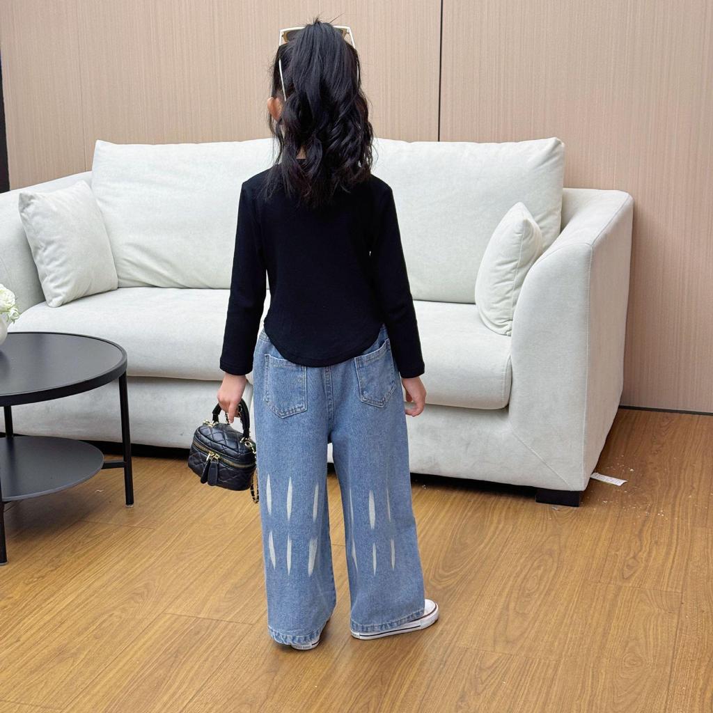 2025 New Korean Style Girls' Black Top & Jeans Set - Spring/Autumn