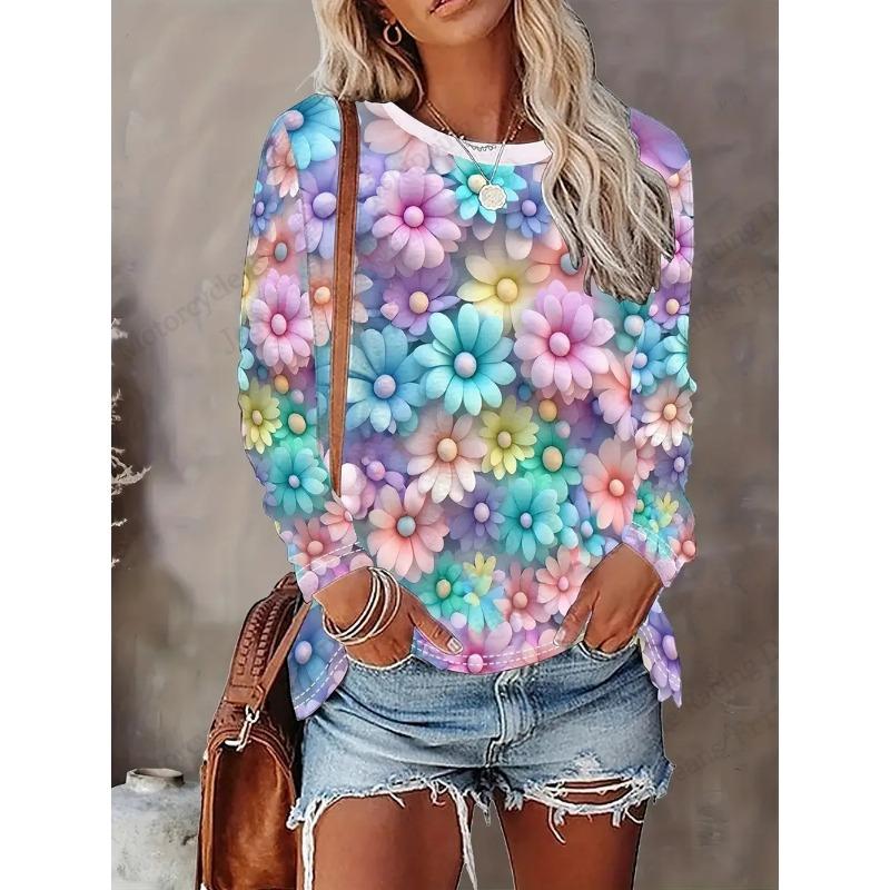 Bird Floral Patterns Graphic 3d Print T-Shirt Women Fashion Casual Oversized Long Sleeve T-shirt Women Clothing Flower Tops Tees