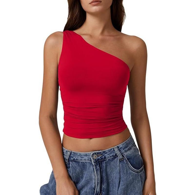 Women Summer One Shoulder Solid Slim Fit Cropped Tank Top