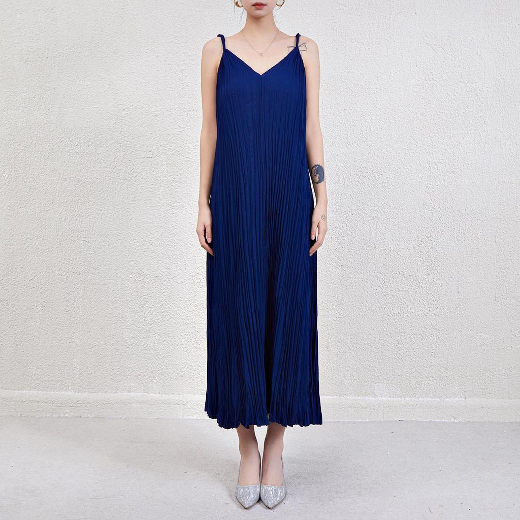 Summer French Sleeveless Pleated Spaghetti Strap Maxi Dress