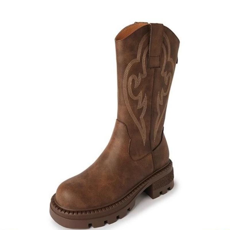Fashion Brown Round Toe Mid Calf Shoes Woman Work Demi-season Fashion 2025 Boot Trend Gothic Cosplay New Hot Half High Boots for Women