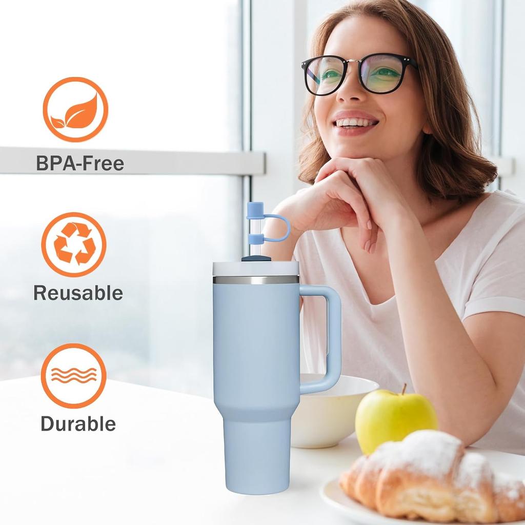 6 Plastic Straws Reble for Stanley Tumbler 30 Oz 40 Oz, 12 Inch Straight Replacement Straw with 6 Colorful Straw Covers, 2 Cleaning Brushes for