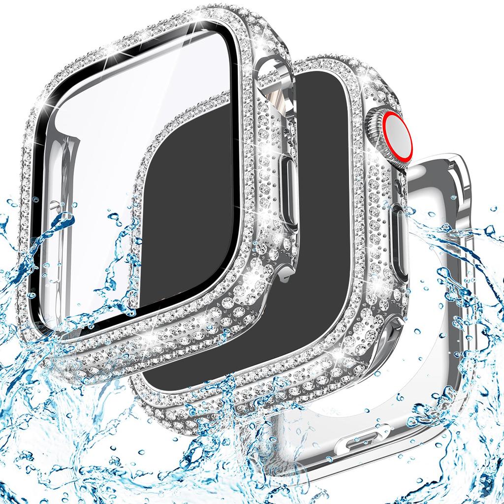 Glass+Bling Cover For Apple Watch Case 44 45mm 41mm 40mm 42mm 44 mm Diamond bumper+Screen Protector iwatch series10 9 8 7 5 6 SE