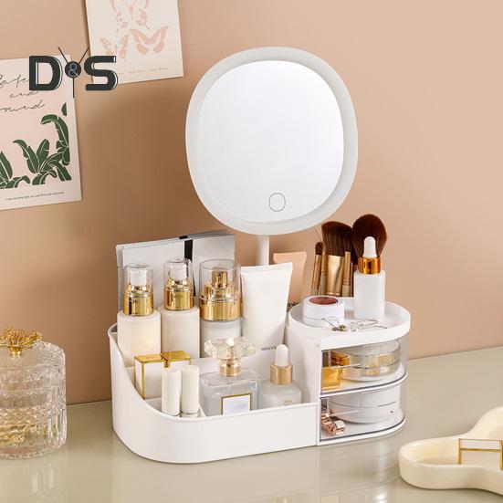 Boîte de rangement de maquillage avec miroir LED, grande capacité, compartiments multiples, boîte de rangement pour pinceaux de maquillage, organisateur de comptoir