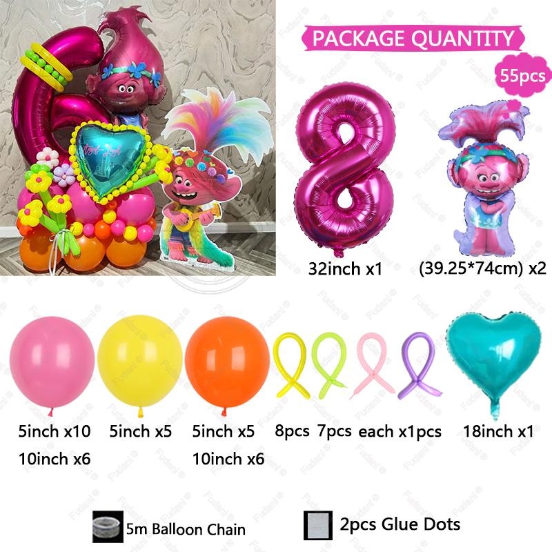 55pcs Troll Foil Helium Balloons Kit Birthday Magic Hair Theme Party Decorat Baby Shower Kids Toys Supplies Air Globlos Balloon