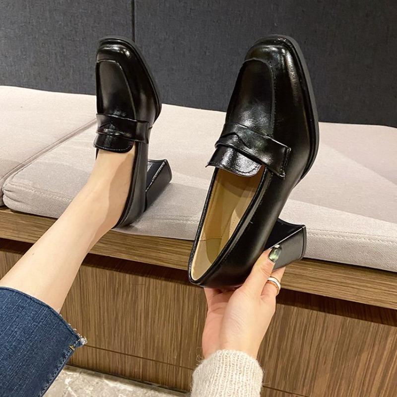 Fashion French Heels Women's Retro Square Toe Block Heel Temperament Single Shoes Slip-on Loafers