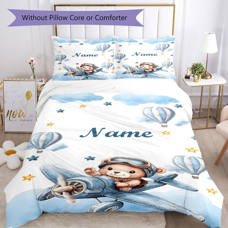 Conjunto de Roupa de Cama com Urso e Nome Personalizado 3 Peças Capa de Edredom com Fecho Inclui 1 Capa de Edredom e 2 Fronhas, Macio e Confortável para Todas as Estações.