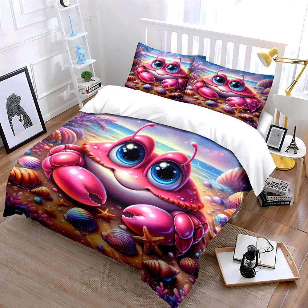 Cute pink crab on beach cartoon Print Bedding Set 1 Duvet Cover 2 Pillowcases for Adult and Children Luxury Gift Full Size