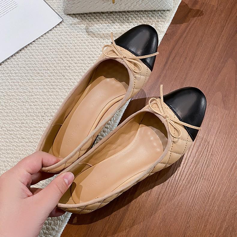 Lambskin Edition 2026 Women s Bow Ballet Mary Jane Shoes - Color Block, Diamond Pattern, Low-Cut Chunky Heels 38 абрикосовый