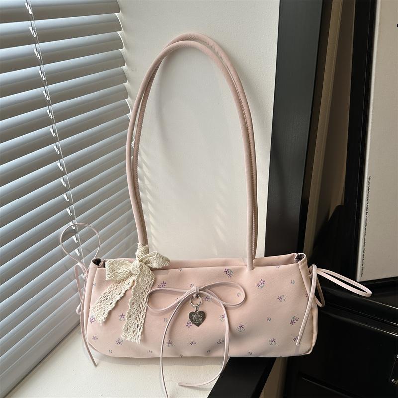 Niche sweet floral baguette bag women's  new trendy fashion girl style bow underarm bag shoulder bag