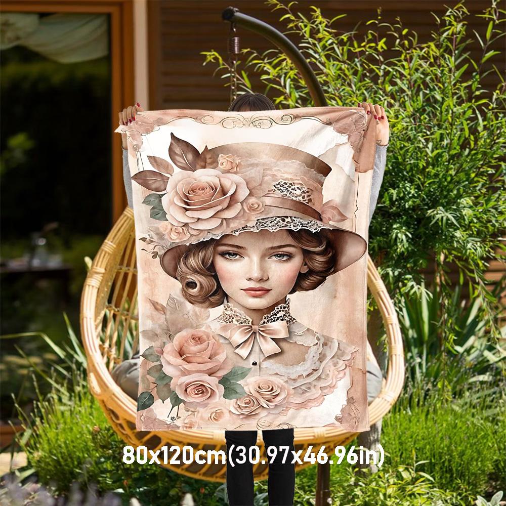 

1pc Floral Hat Outdoor Flannel Blanket Soft Warm All-Season Throw for Sofa Bed Car Camping Office, Cozy Gift Idea1303S 80x120cm(31x47inch)